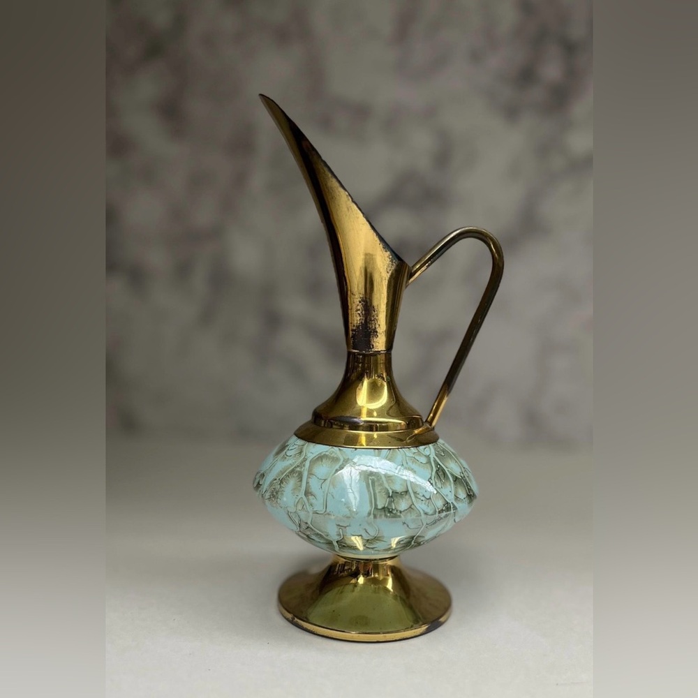 Vintage Hand Painted Holland Ewer Pitcher,Brass &Ceramic Drip Glaze Pitcher Vase